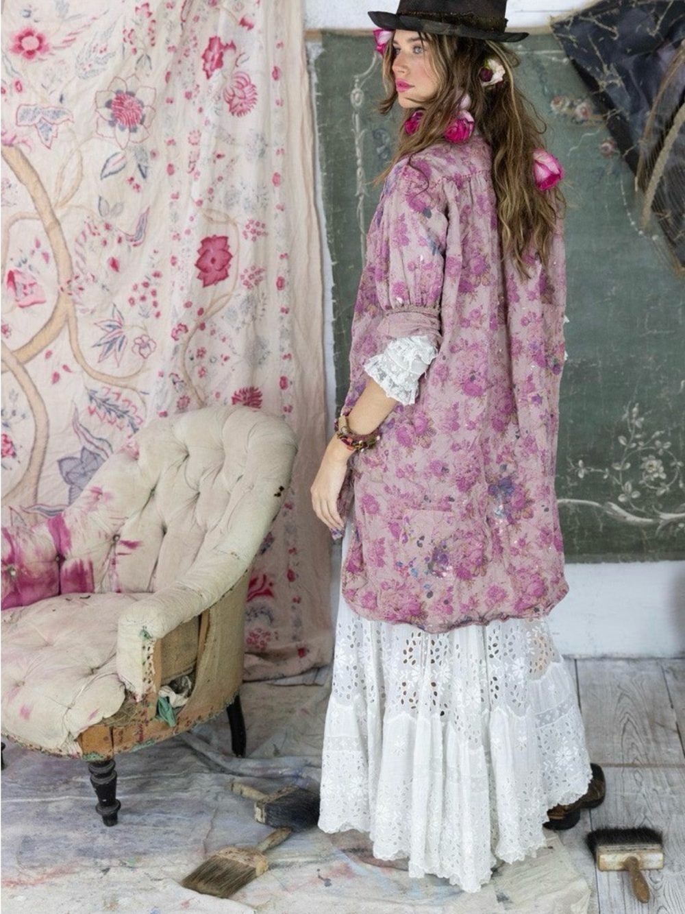 magnolia Pearl Rosewalk Bohemian Pink Floral Duster Coat OS - Picture 11 of 11